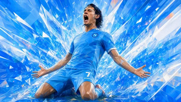 attaccante in ginocchio che esulta a braccia aperte, maglia azzurra, schegge di cristallo (05/09)